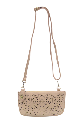 Taupe Laser Cut Eyelet Mini Wristlet Crossbody Clutch