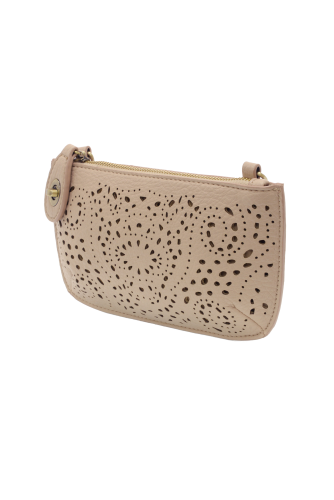 Taupe Laser Cut Eyelet Mini Wristlet Crossbody Clutch