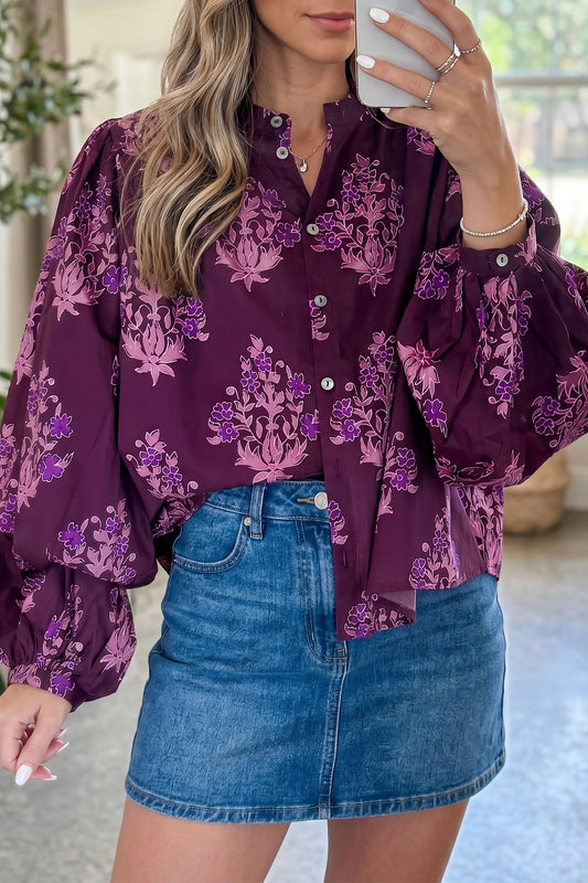 ~PREORDER ~ Purple Floral Button-Up Puff Sleeve Shirt ~PREORDER ~