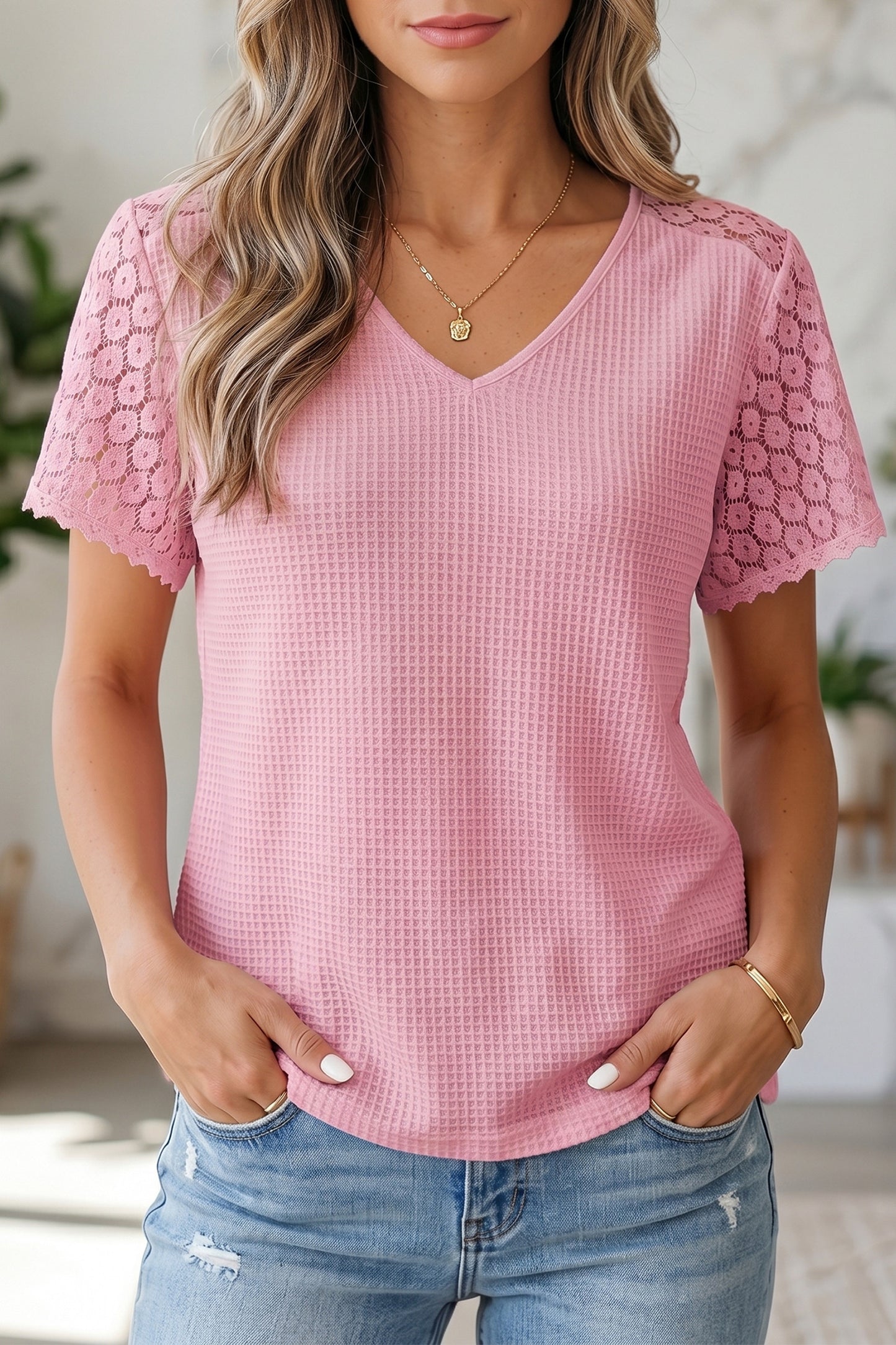 ~PREORDER ~ Lace Splicing Button Cutout V Neck Waffle Knit Blouse ~PREORDER ~