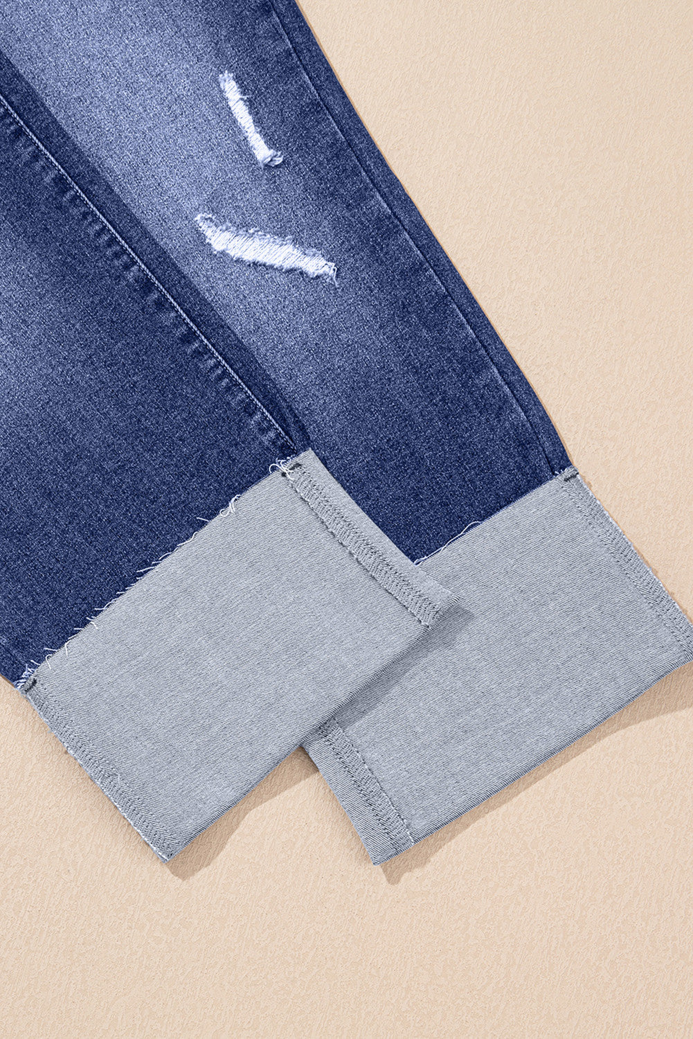 Real Teal Distressed High Waist Straight Leg Jeans with Folded Cuffs