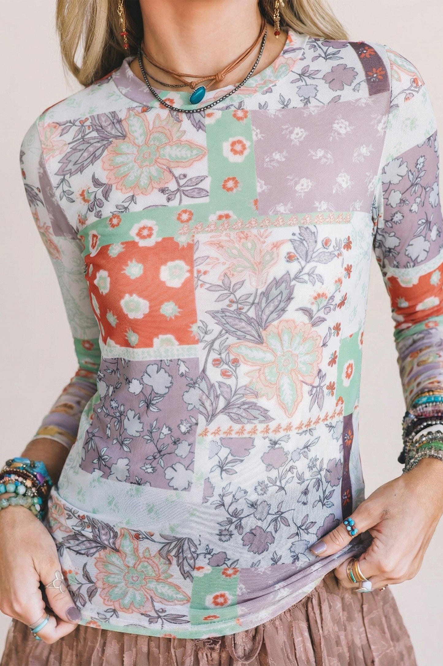 Vintage Garden Patchwork Mesh Top – Floral Mock Neck Sheer Fitted Layering Top