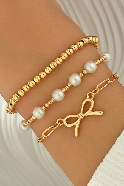 Gold Bow Chain Link & Pearl Beaded Multi-Layer Bracelet Set