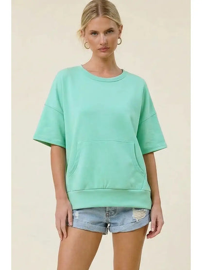 Athleisure Scuba Short Sleeve Top with Kangaroo Pocket – Relaxed Fit Charlotte Avery Top