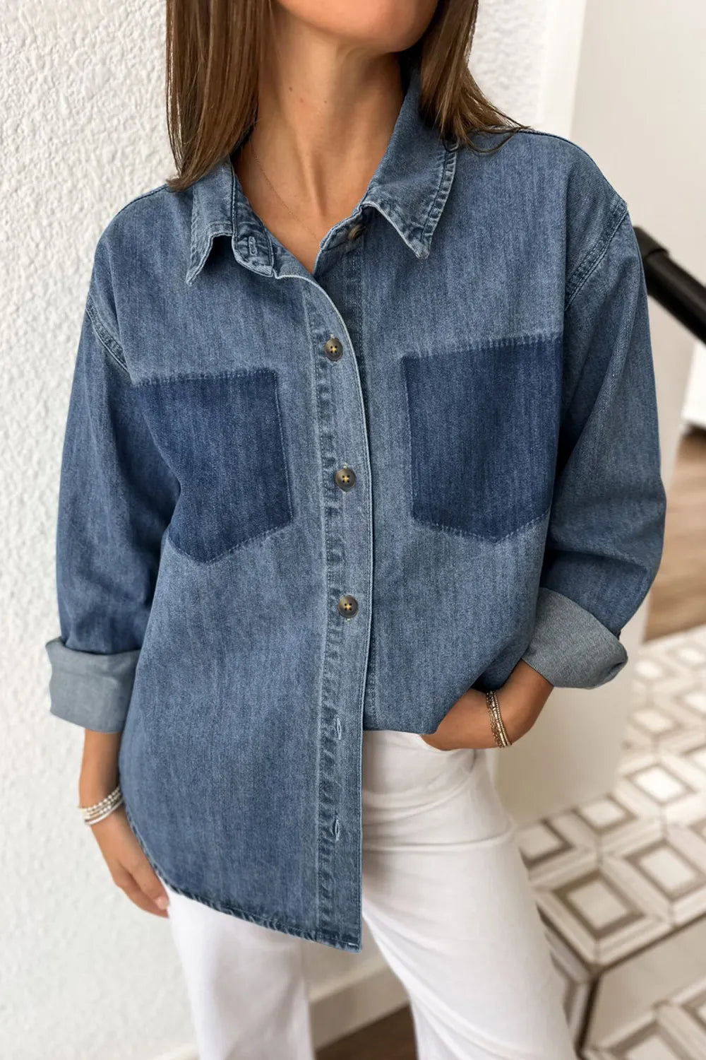 ~PREORDER~ Sky Blue Colorblock Pocket Denim Button Down Shirt ~PREORDER~