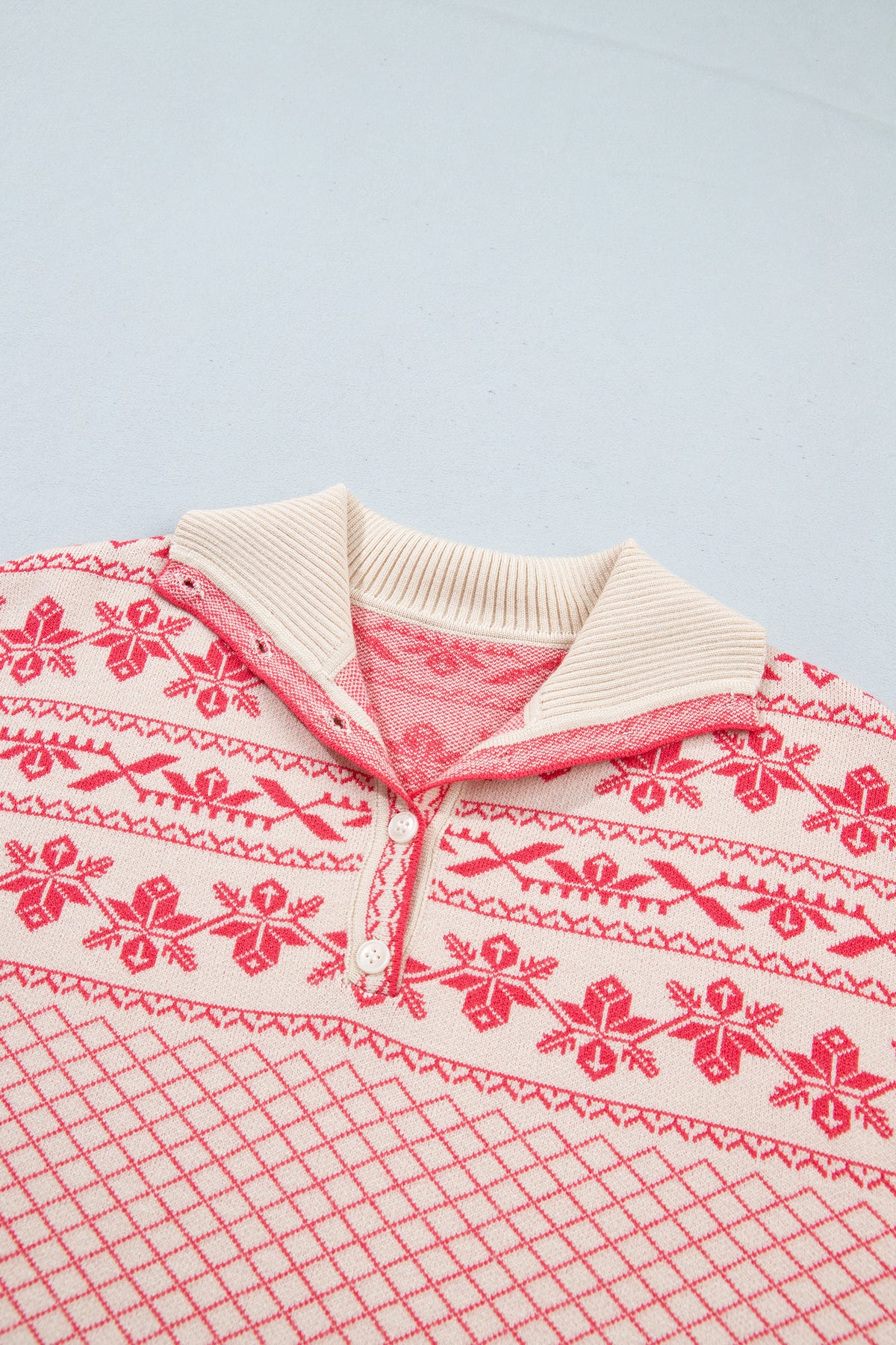 Candy Cane Chalet Sweater | Pink Nordic Quarter Button Knit Pullover