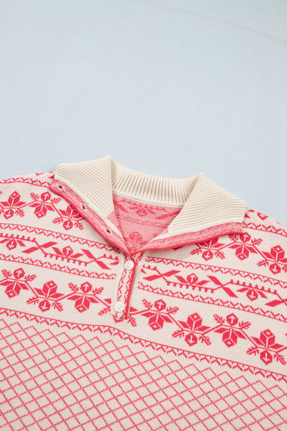 Candy Cane Chalet Sweater | Pink Nordic Quarter Button Knit Pullover