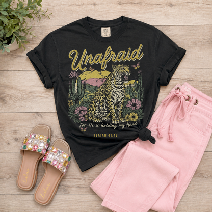 ~PREORDER ~ Fearless Faith Unafraid Graphic Tee | Isaiah 41:13 Christian Leopard T-Shirt ~PREORDER ~