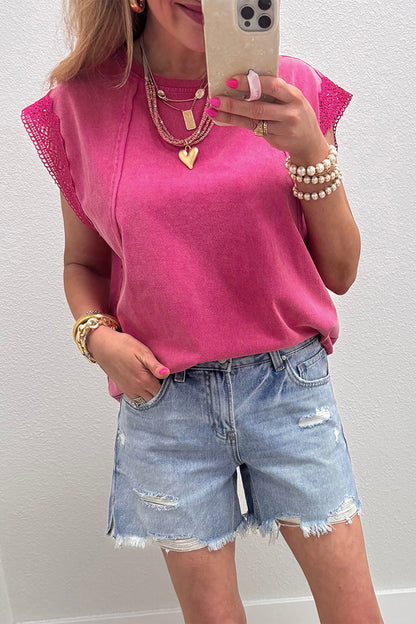 ~PREORDER ~ Pink Mineral Wash Lace Trim Cap Sleeve Top ~PREORDER ~