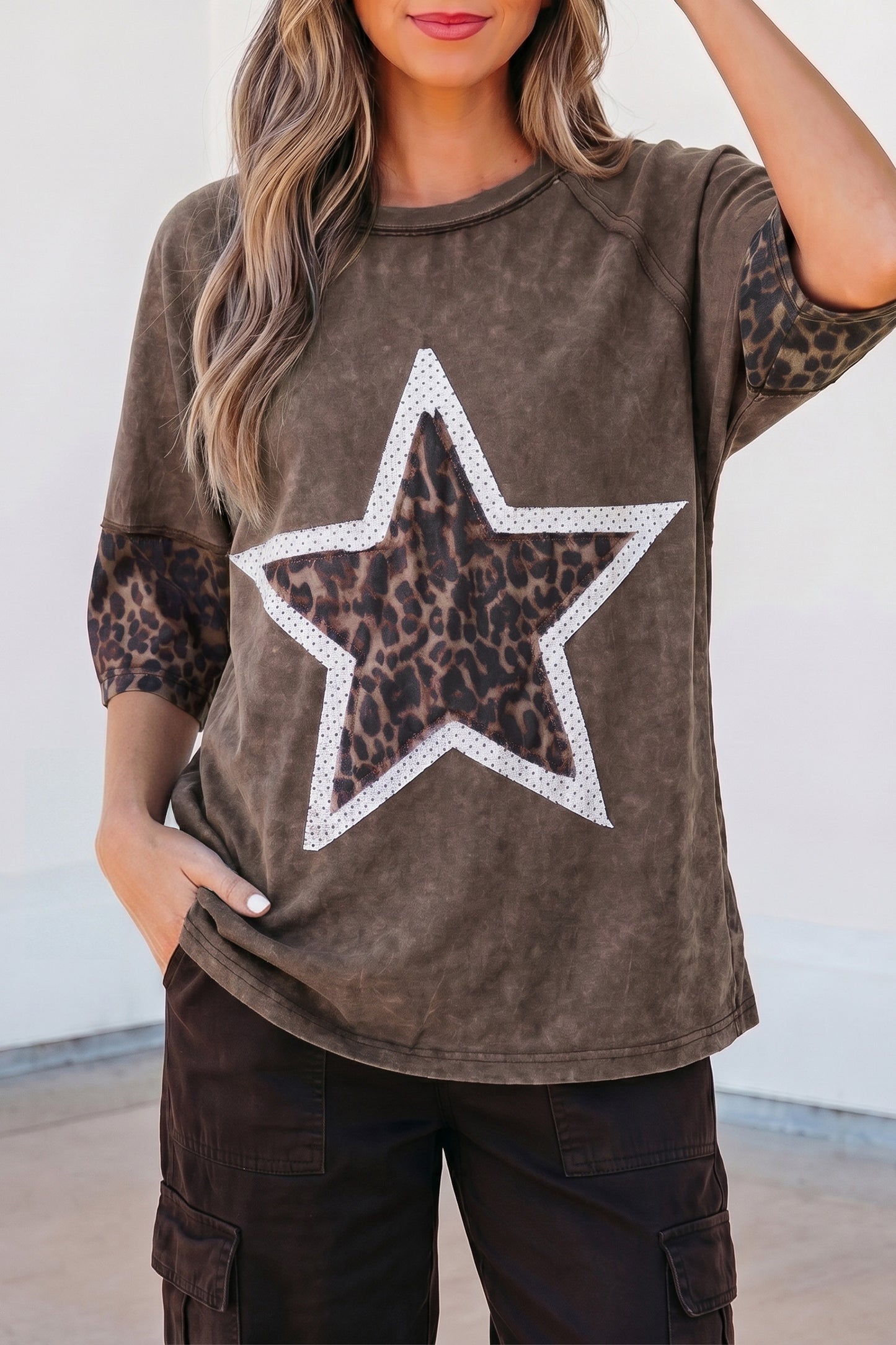 ~PREORDER ~ Coffee Mineral Wash Leopard Star Patch T Shirt ~PREORDER ~