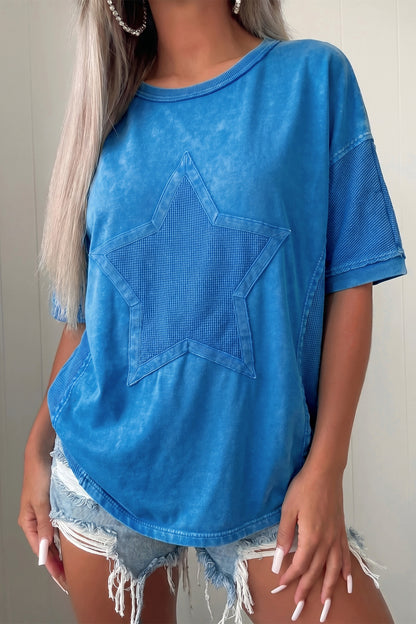 ~PREORDER ~ Blue Mineral Wash Star Mesh Patchwork Oversize Tee ~PREORDER ~