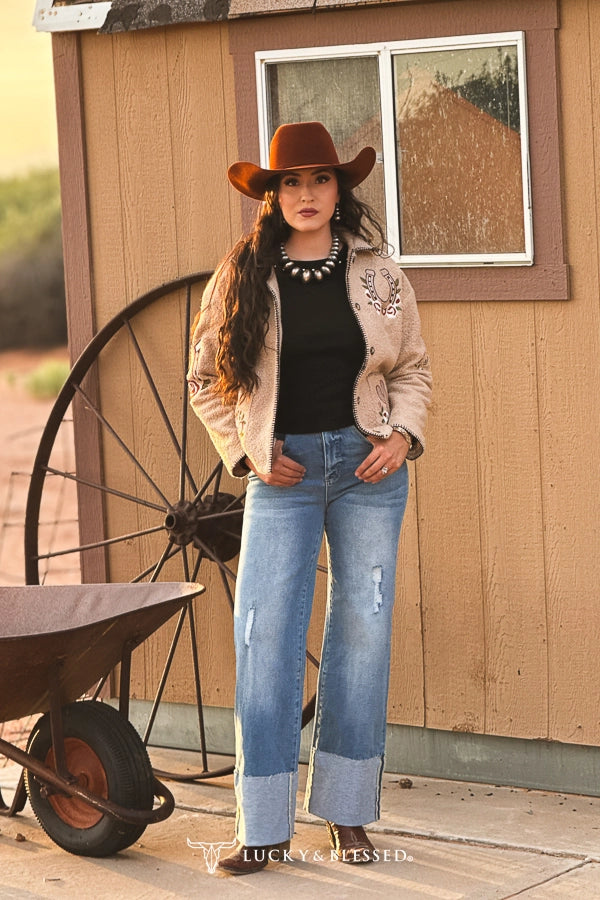 Mid Wash High Rise Cuffed Trouser Jeans | Lucky & Blessed Western Wide Leg Denim