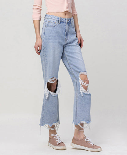 90s Throwback Super High Rise Crop Flare Jeans – Distressed Raw Hem Vintage Denim Vervet V2839