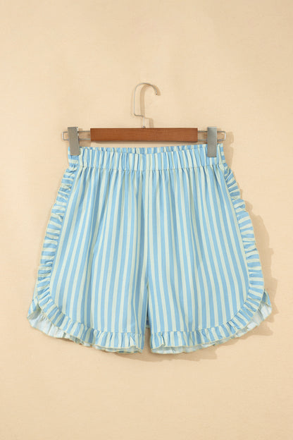 Blue Skies Ruffle Trim Shorts | Sky Blue Striped Elastic Waist Shorts