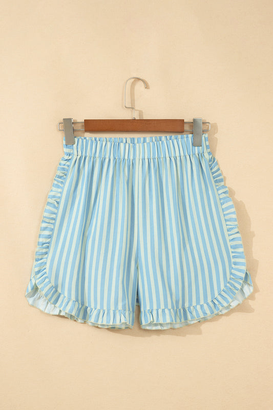 Blue Skies Ruffle Trim Shorts | Sky Blue Striped Elastic Waist Shorts