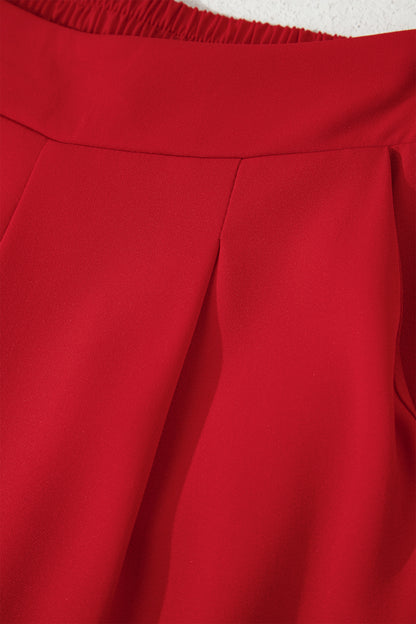 Red Wide Leg Dress Pants – High Waist Pull-On Pleated Straight Leg Pants for Women