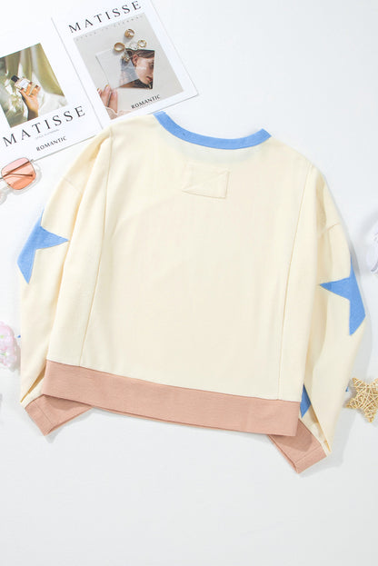 Beige Star Contrast Patchwork Long-Sleeve Top – Relaxed Fit with Exposed Seams