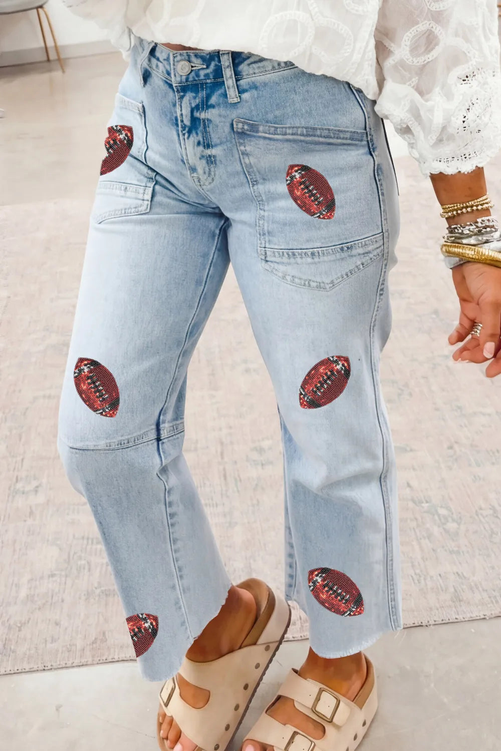 ~PREORDER~ Beau Blue Sequin Football Pattern Raw Hem Casual Jeans ~PREORDER~