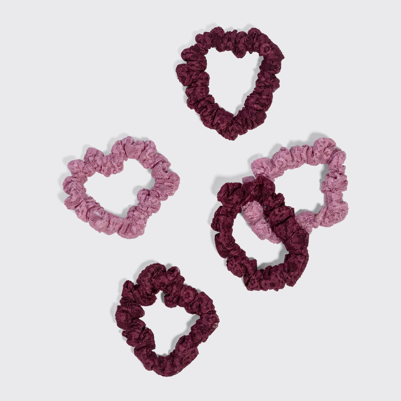 Kitsch Ruched Lace Scrunchies 5pc Set | Cherry Lacquer & Dusty Pink Hair Ties