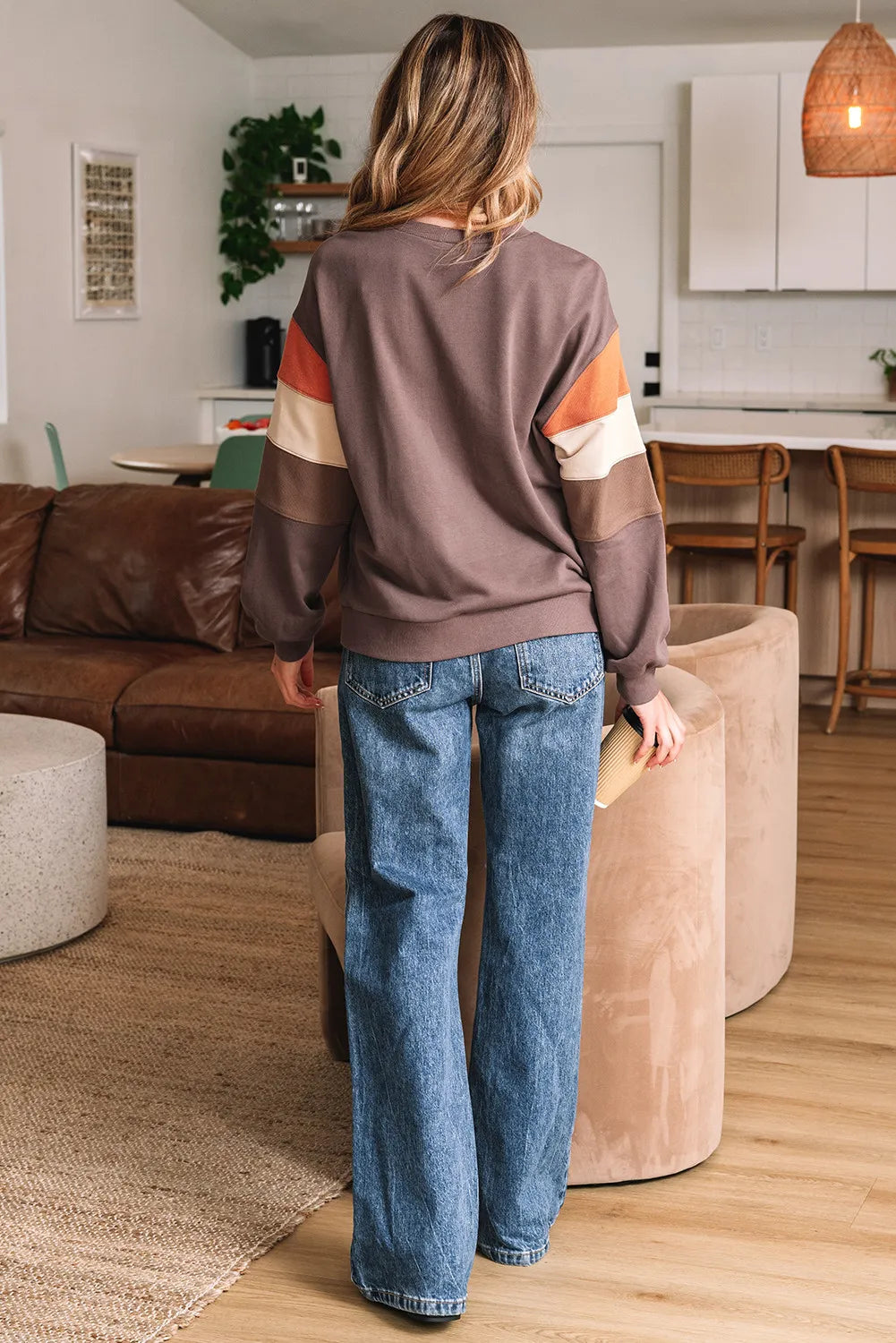Mocha Colorblock Sleeve Sweatshirt | Ribbed Patchwork Crewneck Pullover