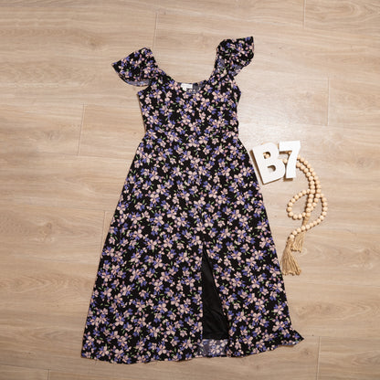Midnight Bloom Flutter Sleeve Dress