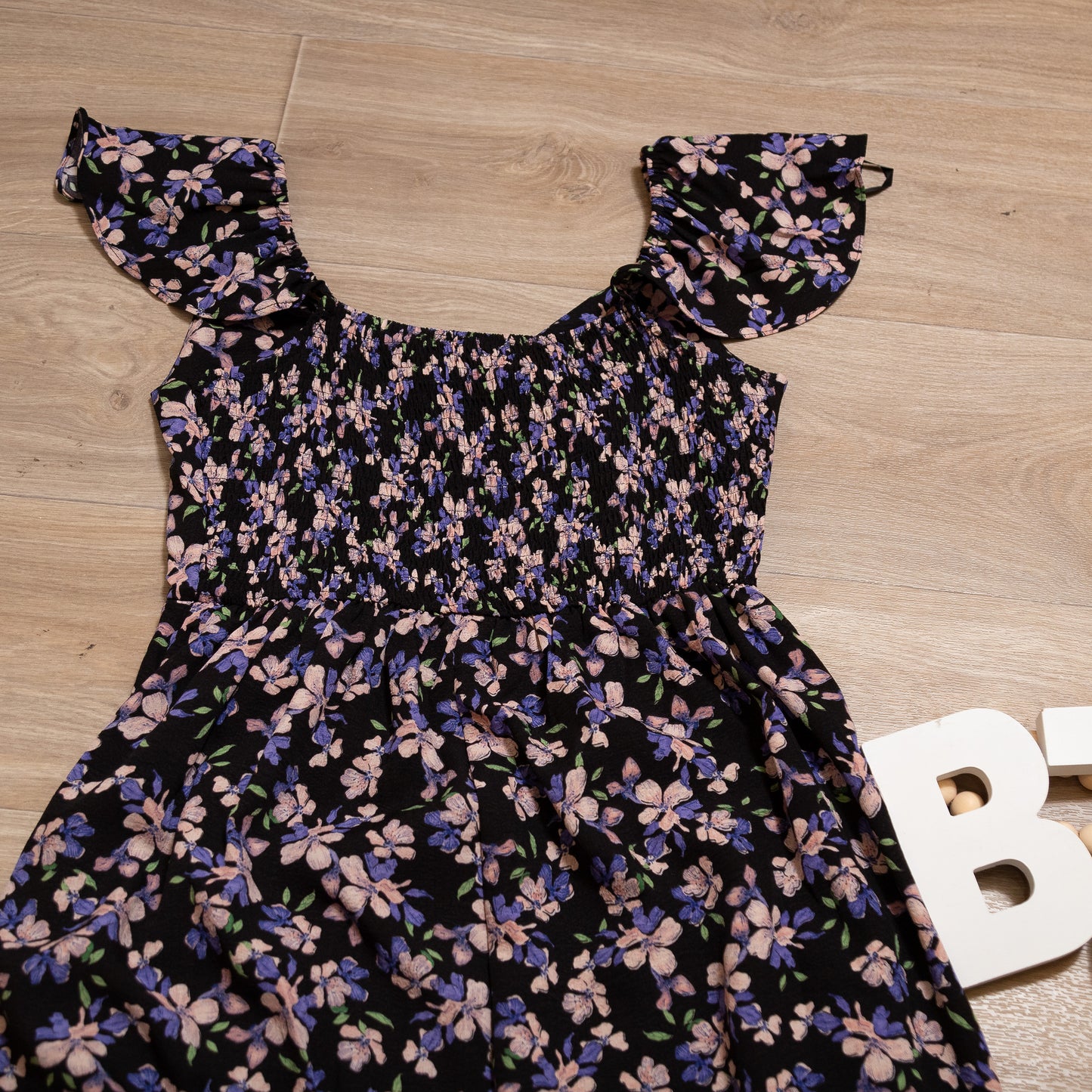 Midnight Bloom Flutter Sleeve Dress