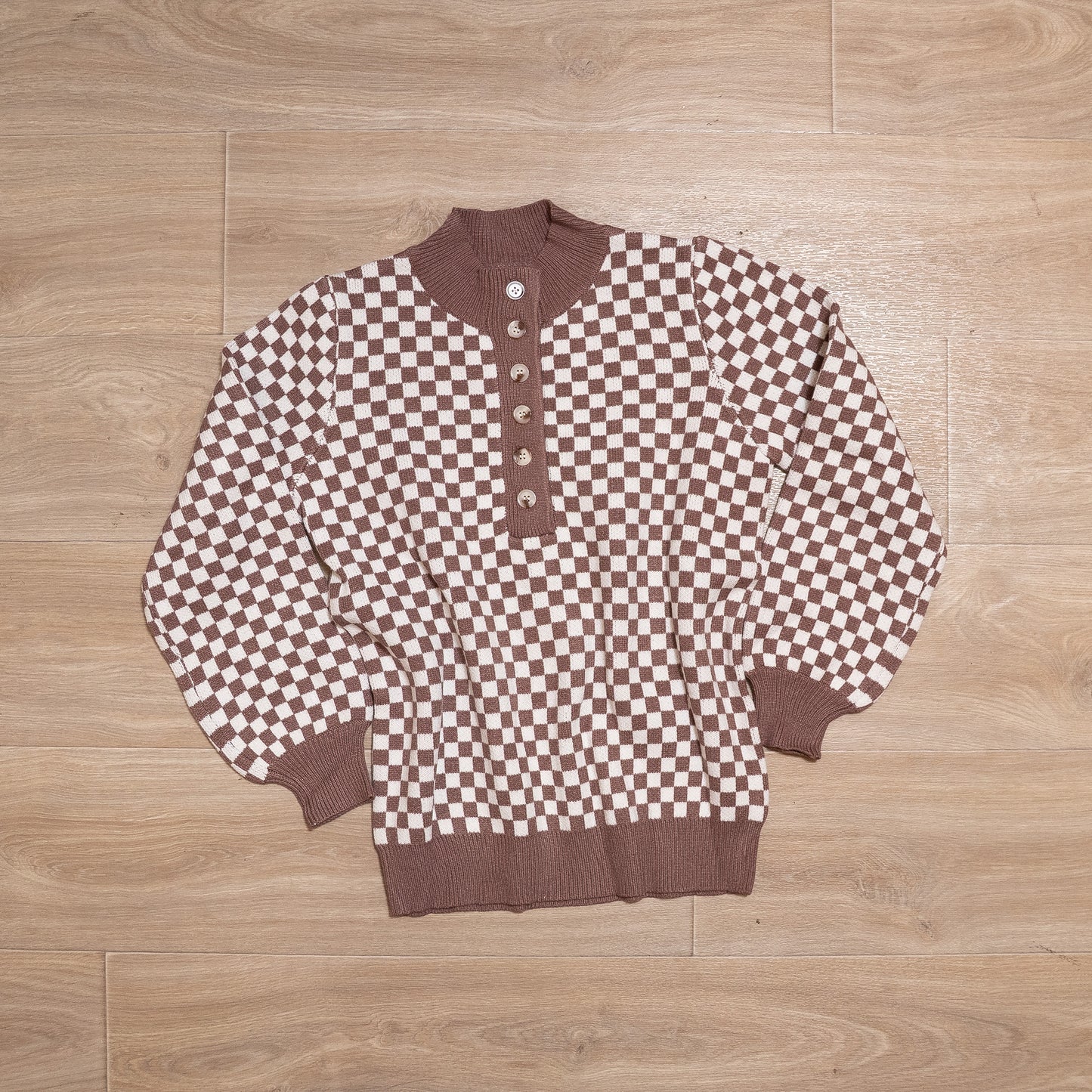 Cocoa Check Button-Front Knit Sweater