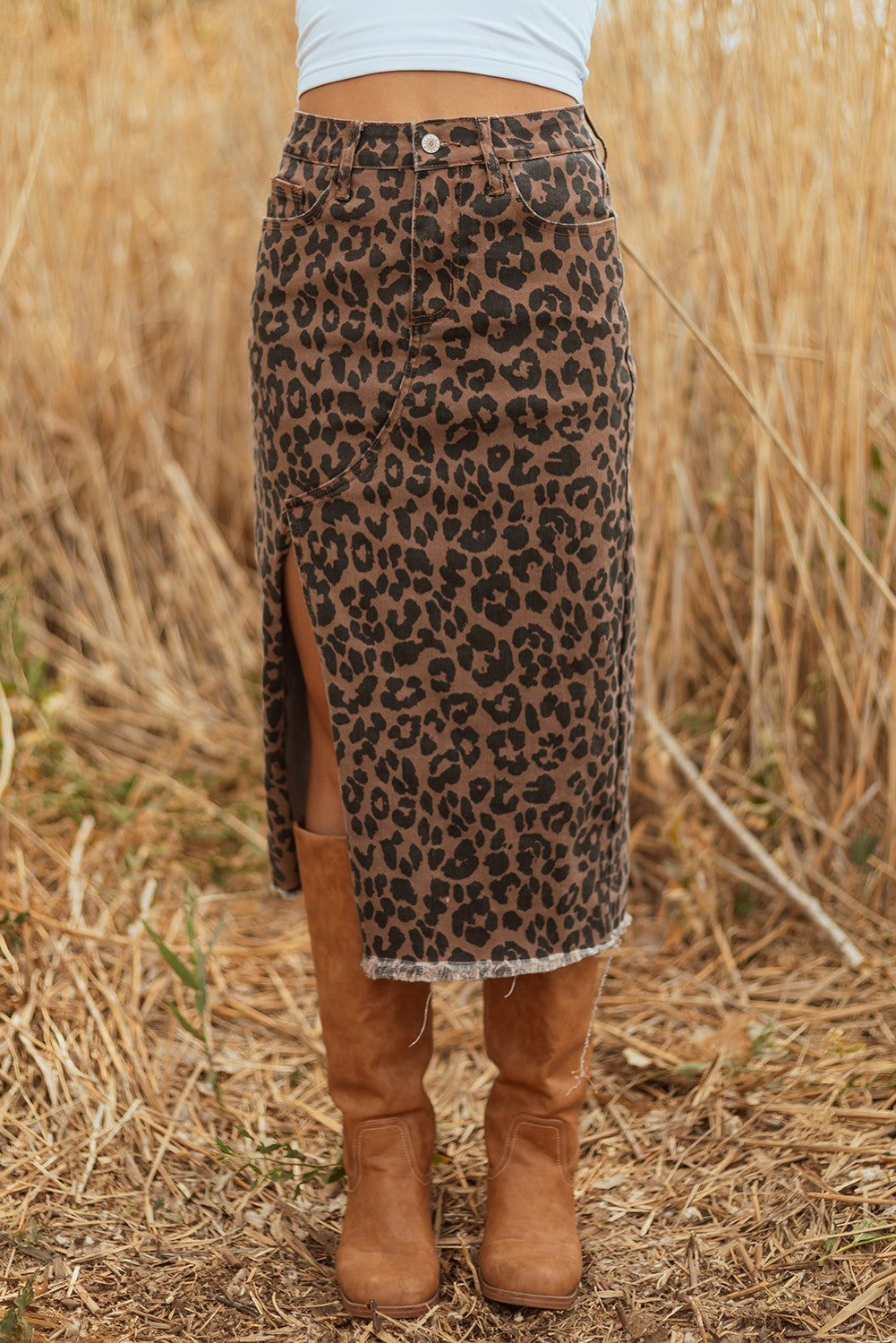 Wild Side Leopard Denim Midi Skirt | Brown Frayed Hem Stretch Skirt