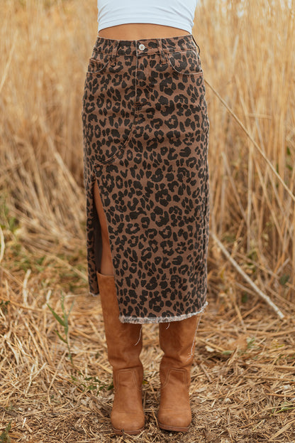 Wild Side Leopard Denim Midi Skirt | Brown Frayed Hem Stretch Skirt