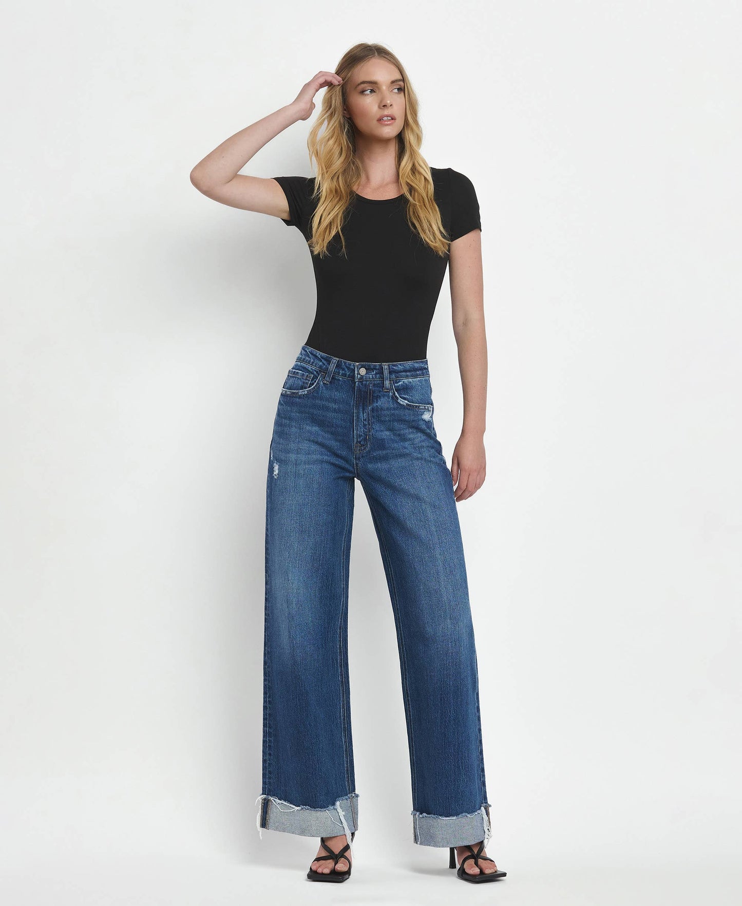 Vervet Super High Rise Baggy Wide Leg Jeans | Dark Wash Cuffed Denim T6614