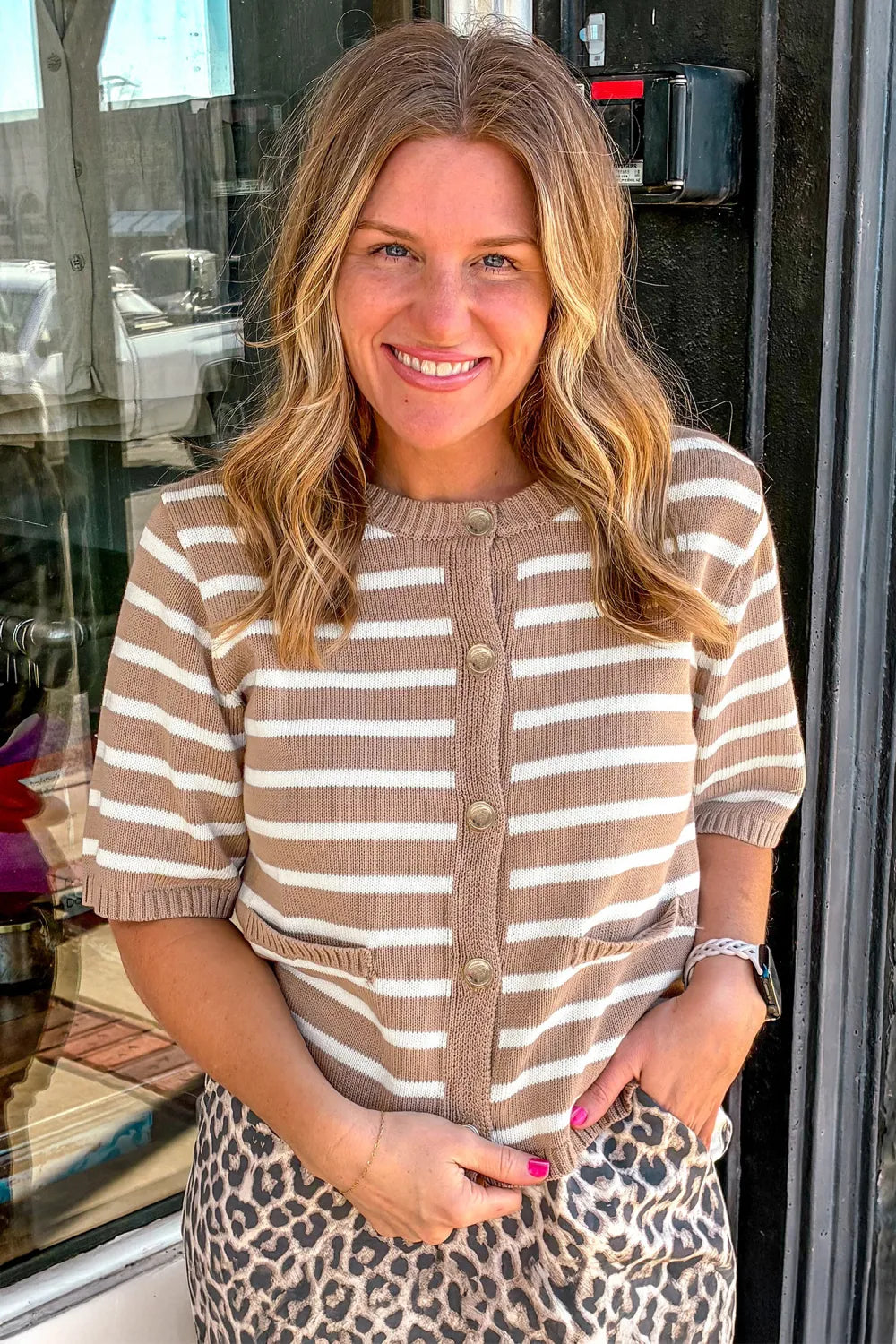 ~PREORDER~ Khaki Stripe Button Front Short Sleeve PLUS SIZE Knit Cardigan ~PREORDER~