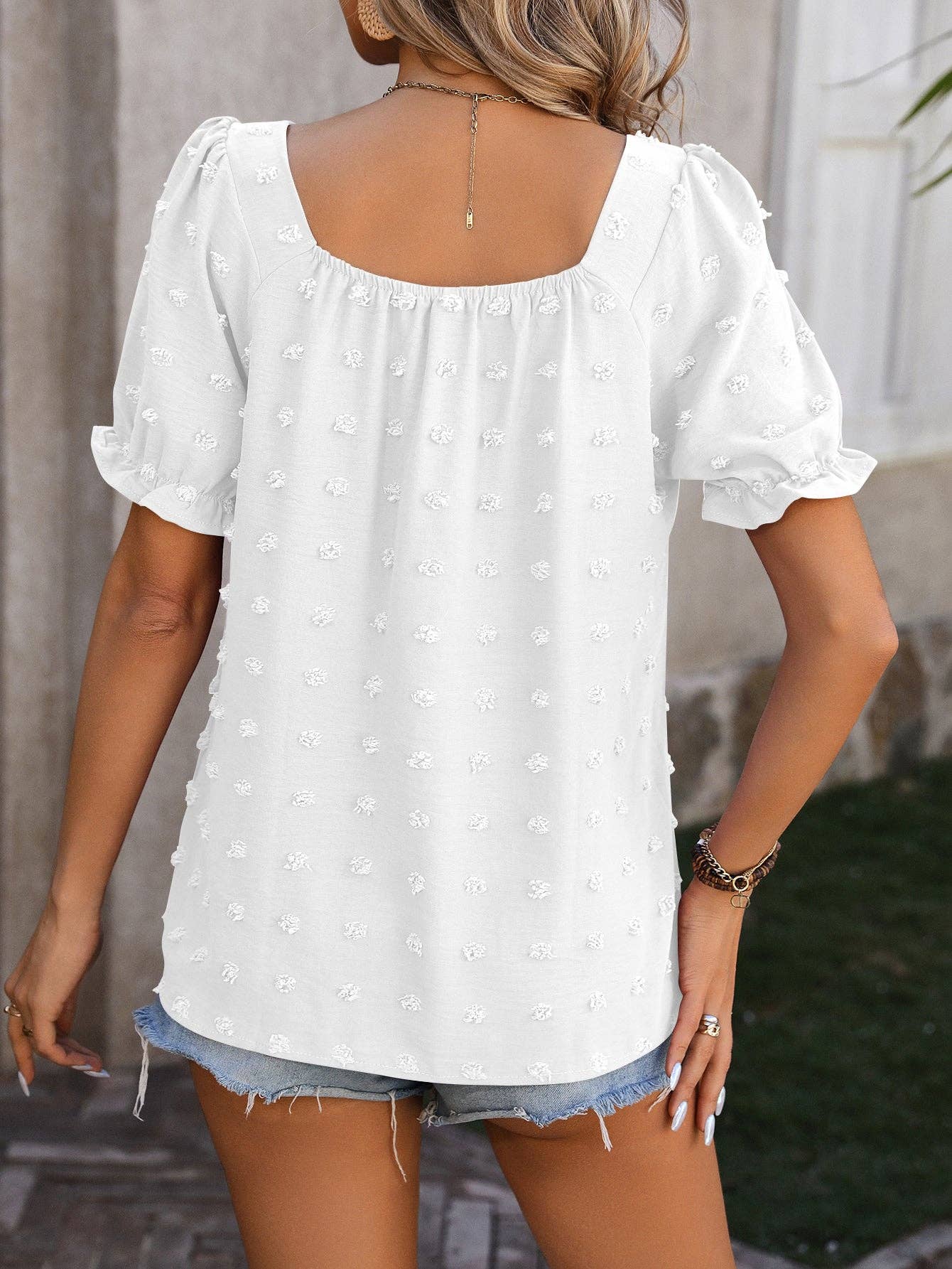 Short Sleeved Solid Color Square Neck Bubble Blouse