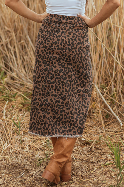 Wild Side Leopard Denim Midi Skirt | Brown Frayed Hem Stretch Skirt