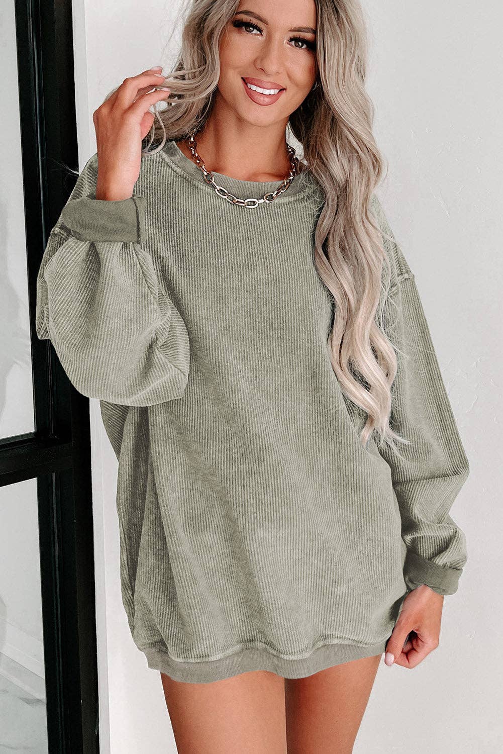 Solid Ribbed Knit Round Neck Pullover Sweatshirt