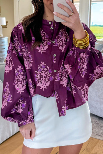 ~PREORDER ~ Purple Floral Button-Up Puff Sleeve Shirt ~PREORDER ~