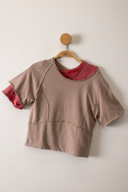Mineral Washed Fitted Crop Top | Raw Edge Short Sleeve Tee