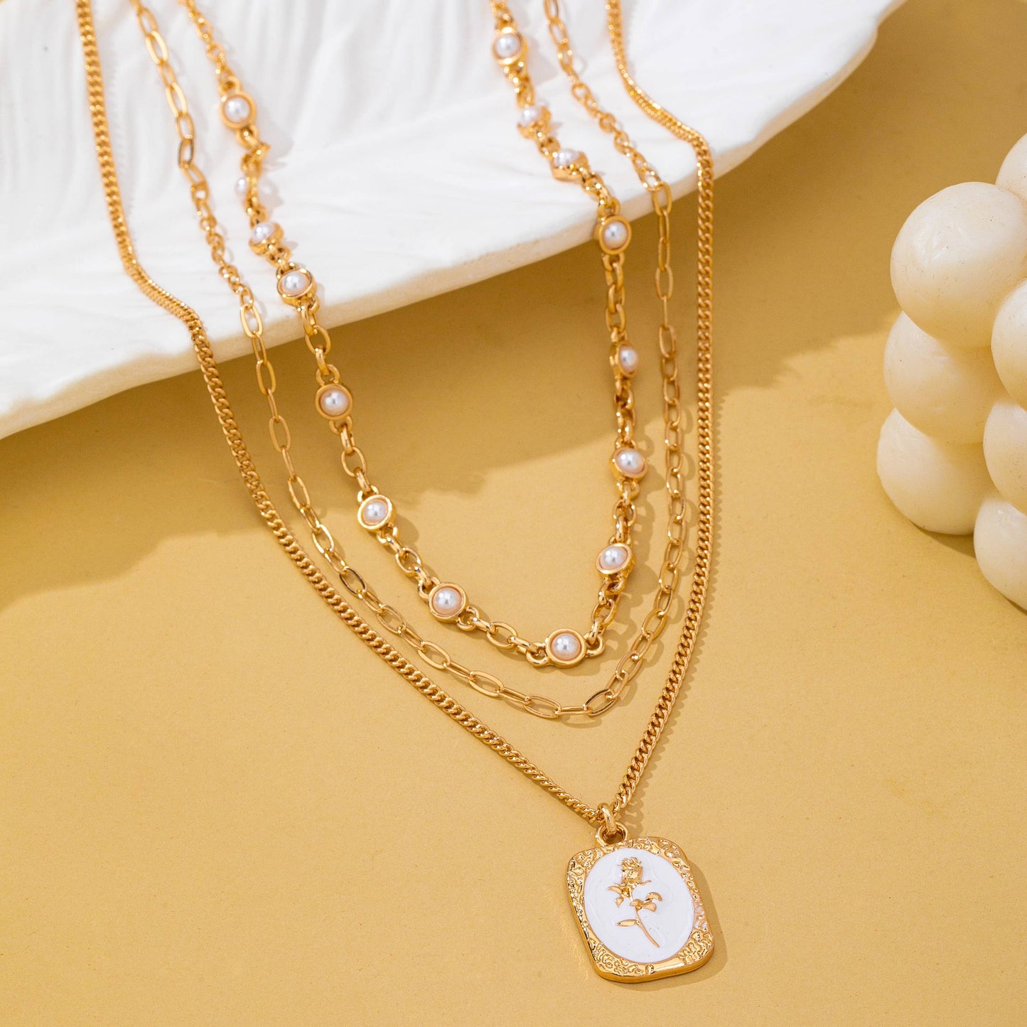 Vintage Rose Layered Necklace | Gold Pearl & Enamel Pendant Necklace