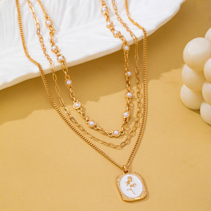 Vintage Rose Layered Necklace | Gold Pearl & Enamel Pendant Necklace