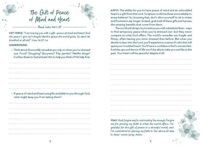 “The 5-Minute Bible Study Journal for a Less Stressed Life — front cover floral design”

“Inside pages showing daily devotional format: Read, Understand, Apply, Pray”

“Spiral bound devotional journal—pocket-friendly size”