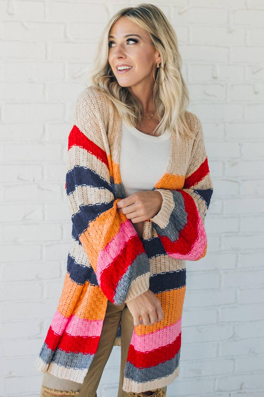 Knitted Balloon Sleeve Open Cardigan