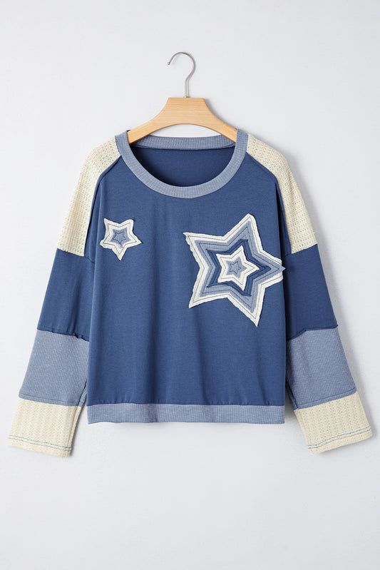 Dark Blue Star Patchwork Colorblock Long Sleeve Top – Oversized Knit Contrast Tee
