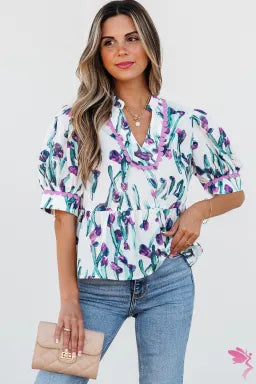 Purple Floral Ricrac Trim Half Sleeve Peplum Top | Romantic V-Neck Ruffle Blouse