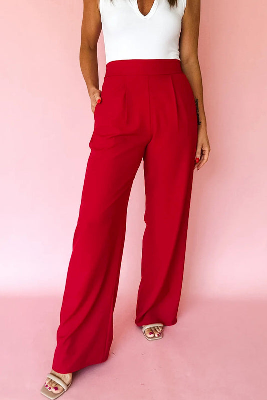 Red Wide Leg Dress Pants – High Waist Pull-On Pleated Straight Leg Pants for Women