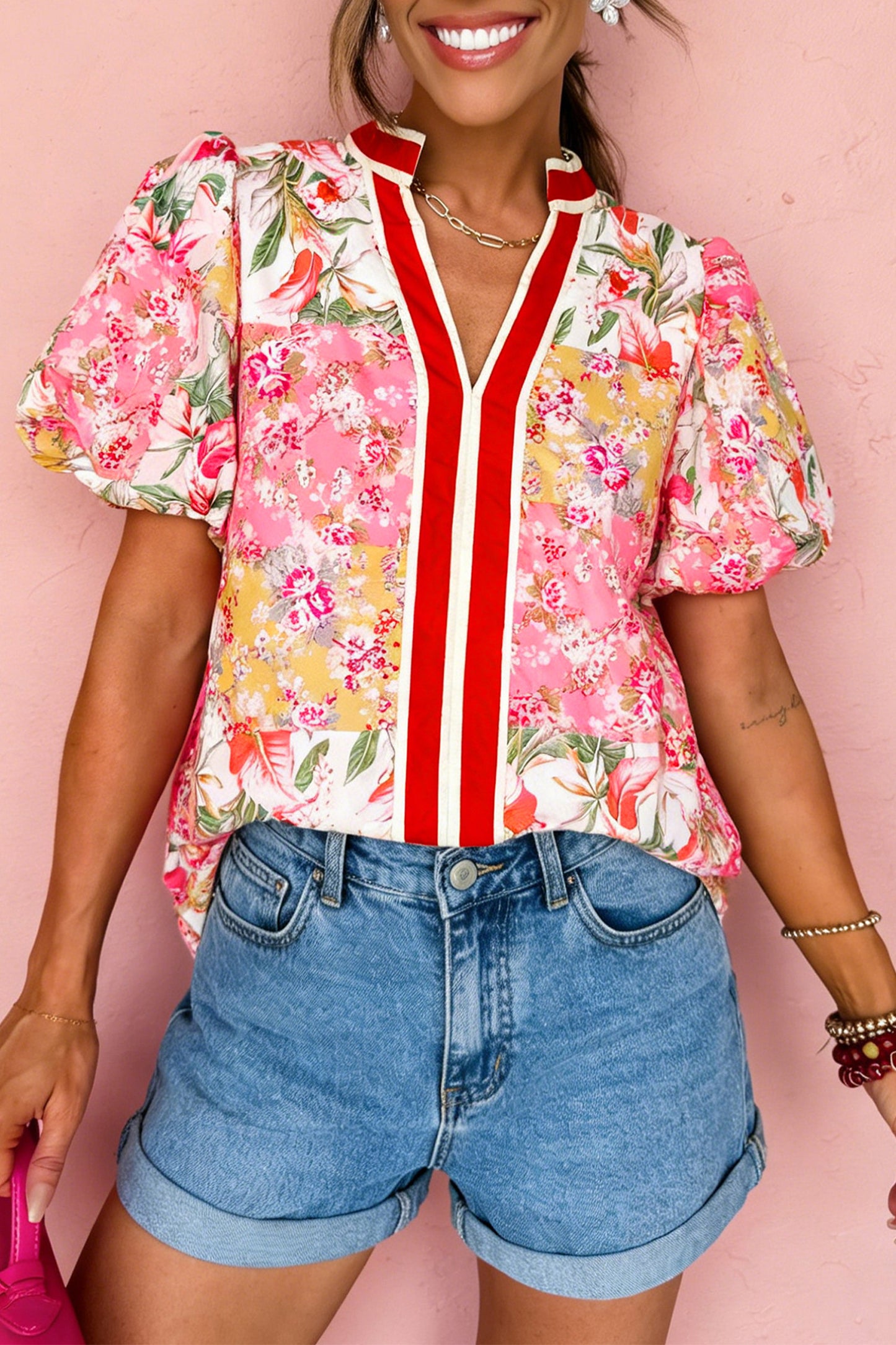 Pink Floral Contrast Trim V-Neck Blouse | Puff Sleeve Boutique Top