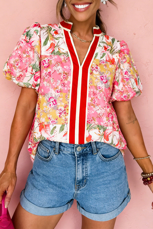 Pink Floral Contrast Trim V-Neck Blouse | Puff Sleeve Boutique Top