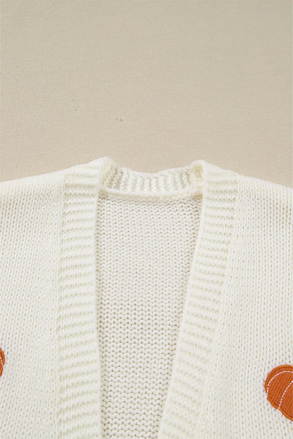 ~PREORDER~ White Pumpkin Print Open Front Drop Shoulder Midi Cardigan ~PREORDER~