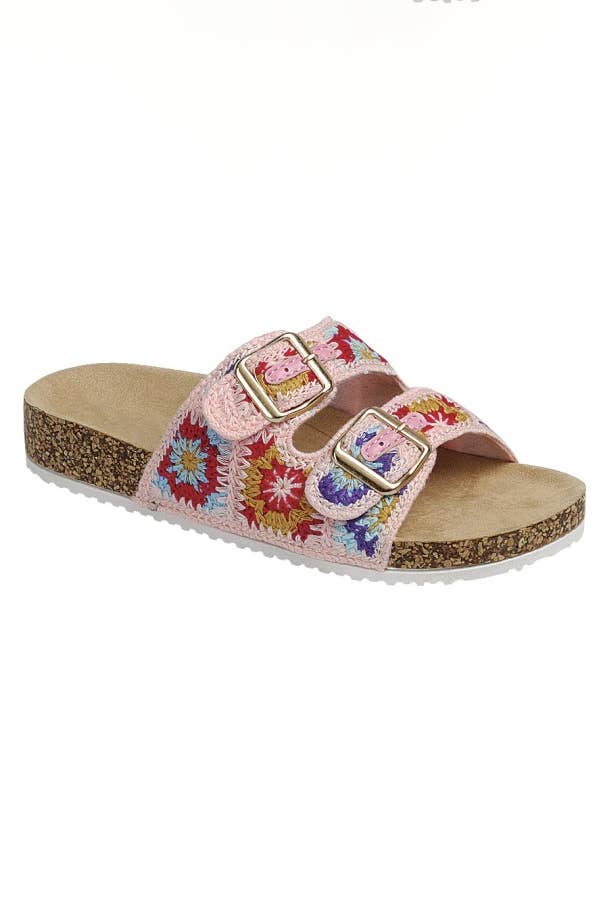 BACON COLORFUL CROCHET KNIT DOUBLE STRAP CORK SLIDE SANDAL