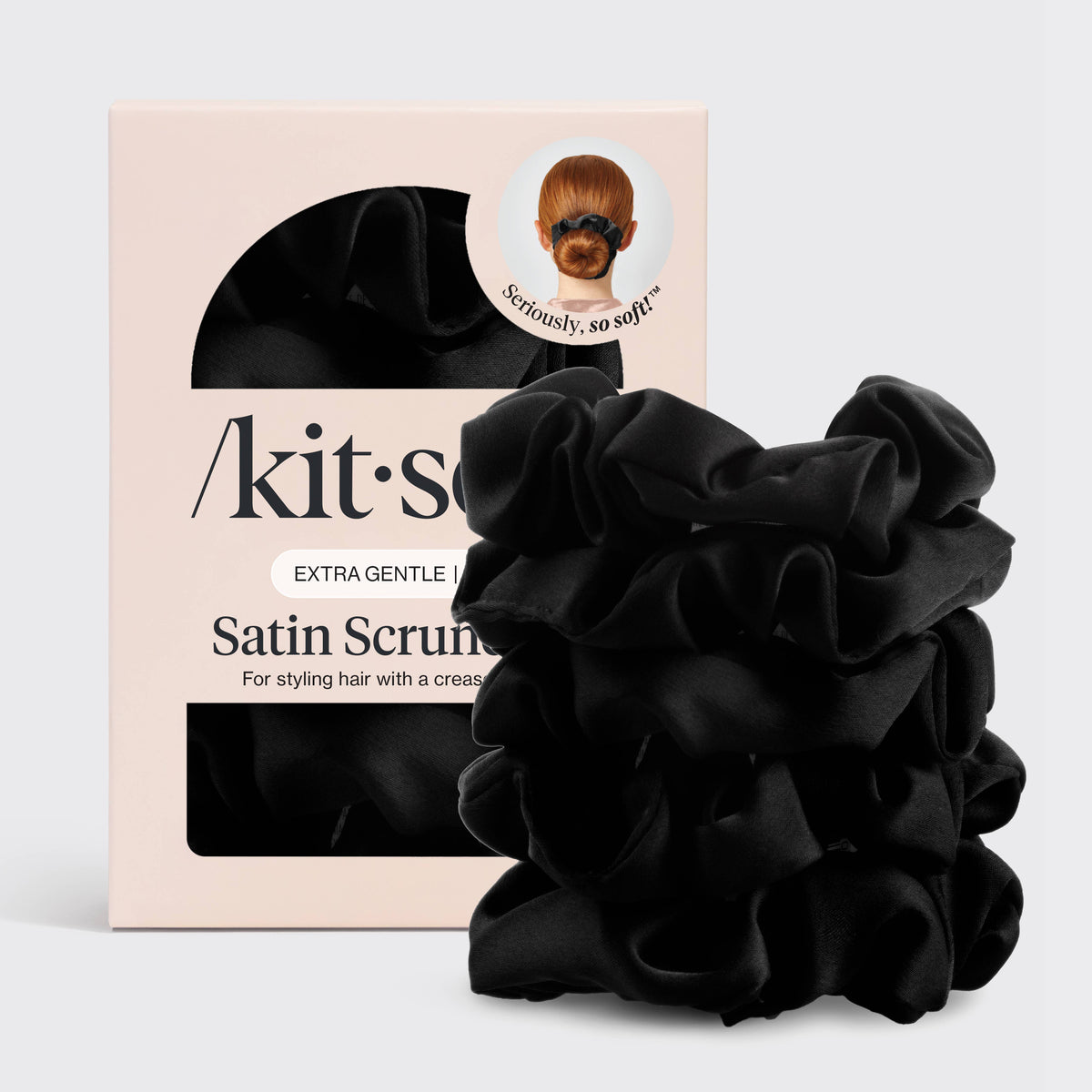 Kitsch Black Satin Sleep Scrunchies | 5-Piece Gentle Hair Scrunchie Set