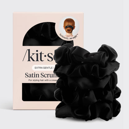 Kitsch Black Satin Sleep Scrunchies | 5-Piece Gentle Hair Scrunchie Set