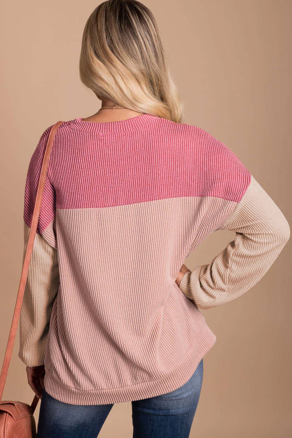 Color Block Long Sleeve Ribbed Loose Top